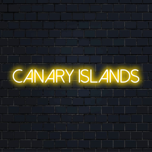 Canary Islands Neon Sign, bright neon lettering on dark brick background