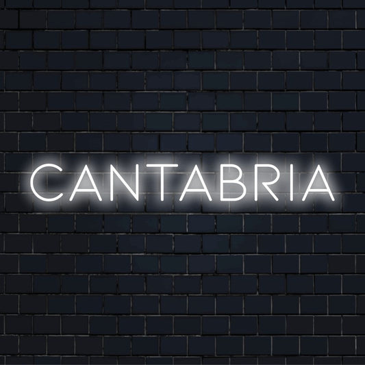 Cantabria Neon Sign, glowing wall decor on dark brick wall