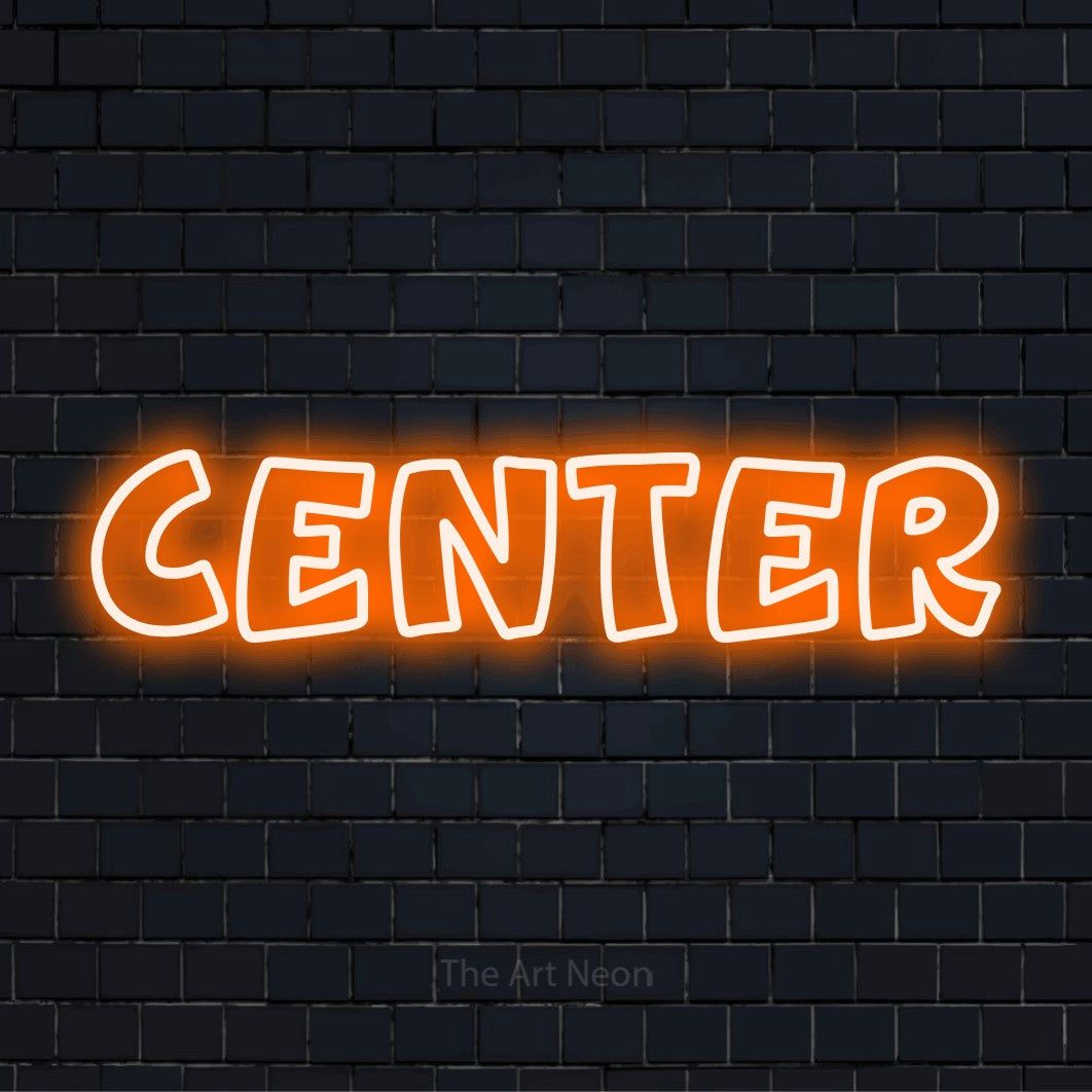 "Center" text design with neon effect on a black brick wall