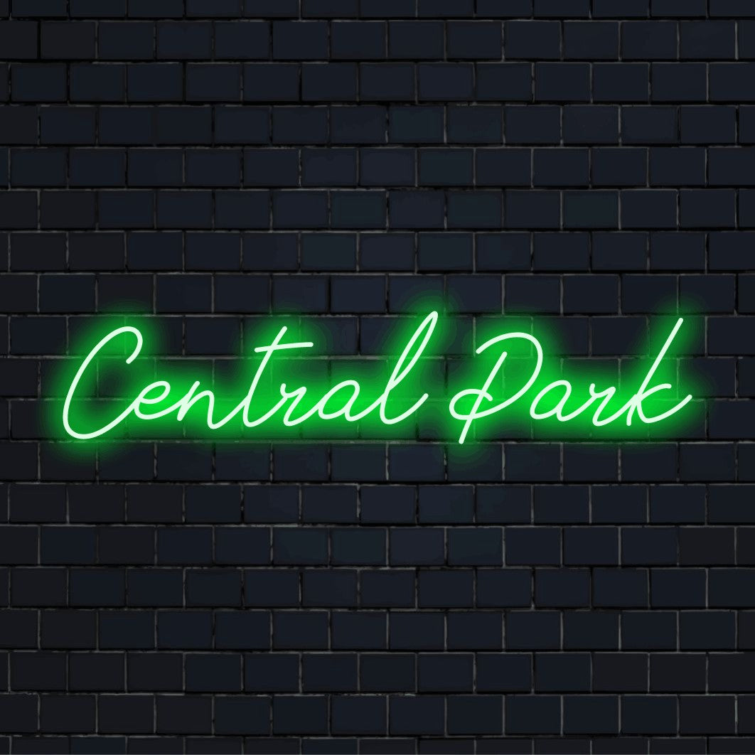 Central Park Neon Sign, neon text light on black brick background