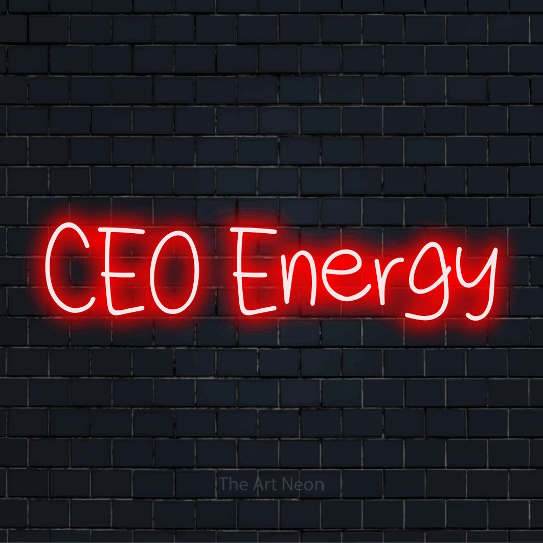 "Ceo Energy" glowing LED neon sign on a black brick wall