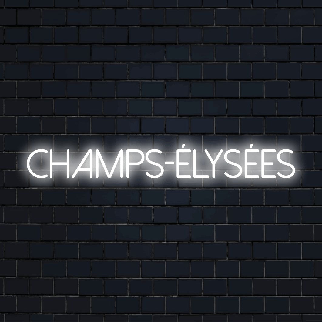 Champs Lys Es Neon Sign, soft neon glow on dark brick wall