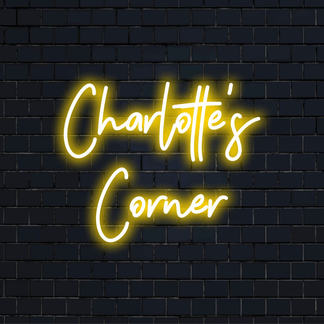 Charlotte_s Corner Personalized LED Neon Sign, glowing wall decor against black brick wall