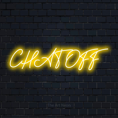 "Chat Off" LED neon sign on a black brick wall