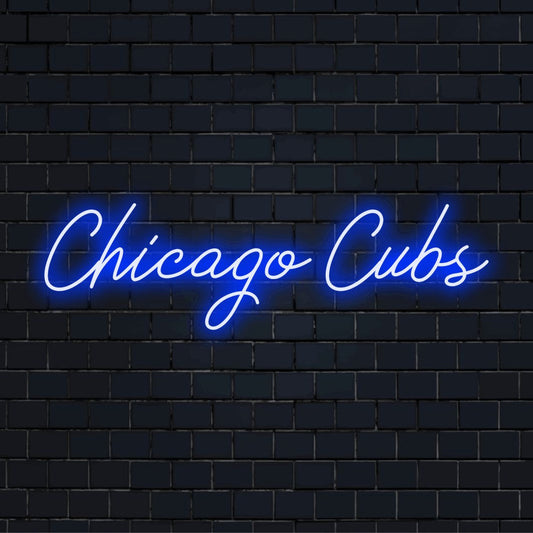 Chicago Cubs LED Neon Sign, soft neon glow on dark brick wall