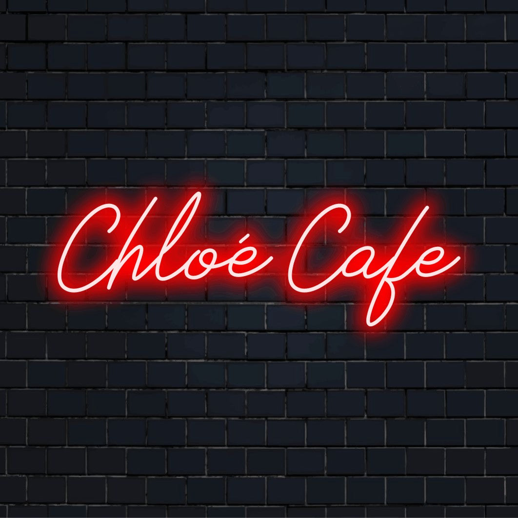 Chloe Cafe Custom Name Neon Sign, glowing wall decor against black brick wall