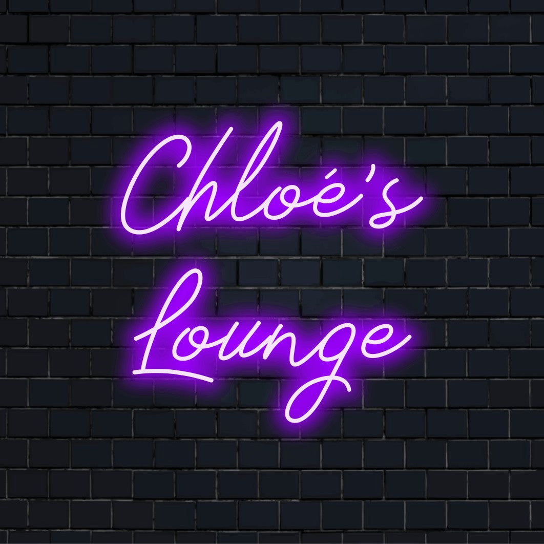 Chloe_s Lounge Custom Name Neon Sign, bright neon glow against black brick wall