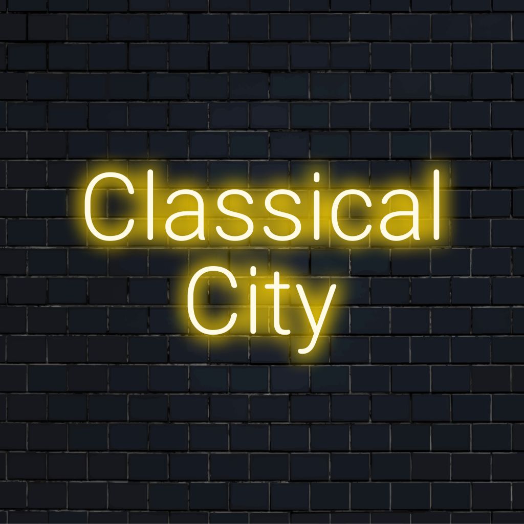 Classical City Neon Light with glowing neon text against black brick wall