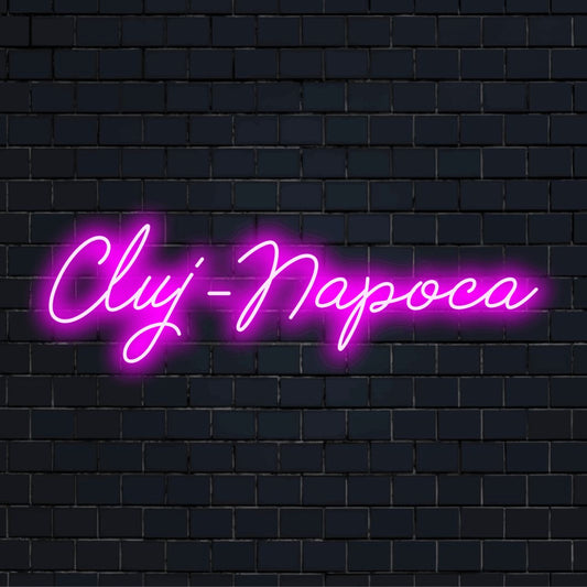 Cluj Napoca LED Neon Sign, soft neon glow on dark brick background
