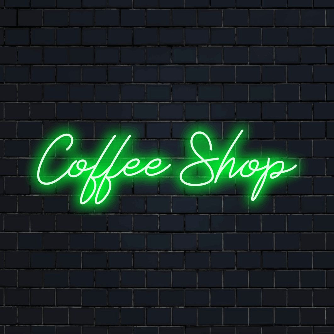 Coffee Shop Neon Light with glowing wall decor on dark brick wall