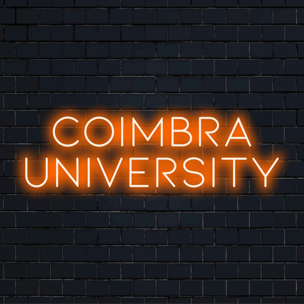 Coimbra University LED Neon Sign, soft neon glow against black brick wall