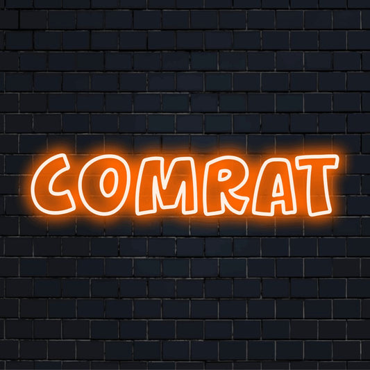 Comrat LED Neon Sign, soft neon glow against brick backdrop