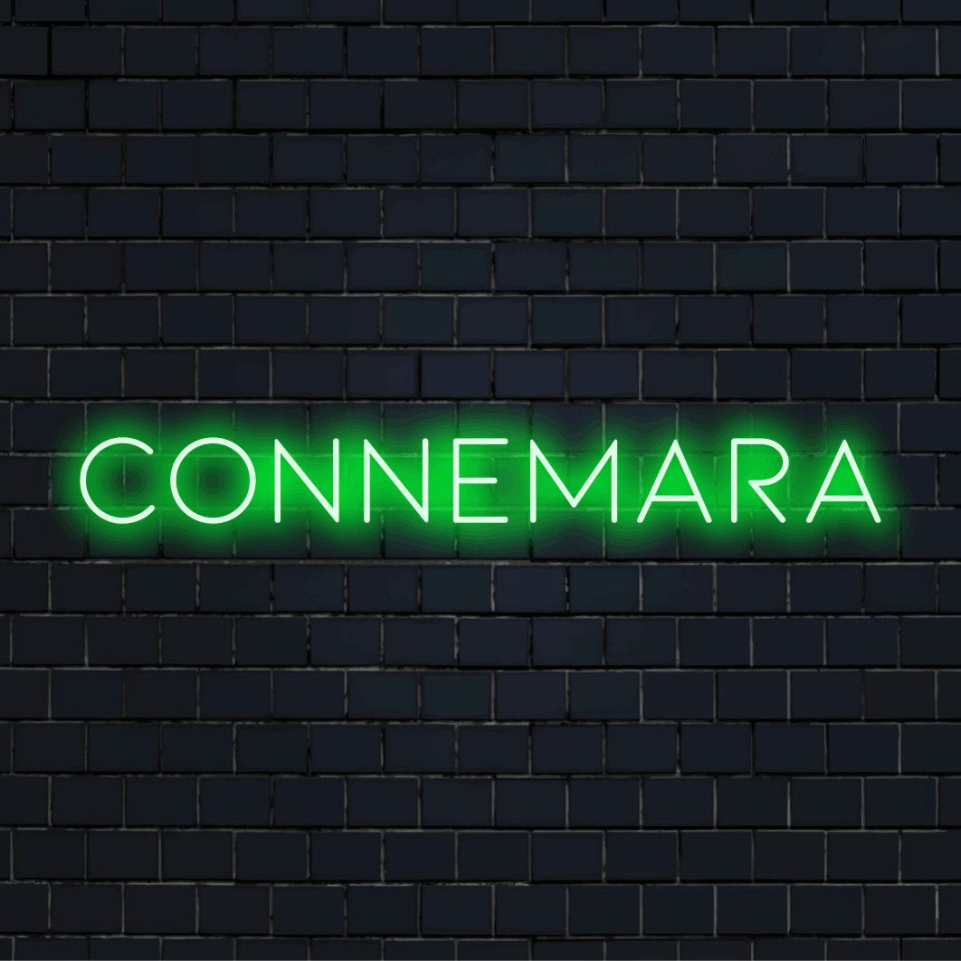 Connemara Neon Sign, soft neon glow on dark brick wall
