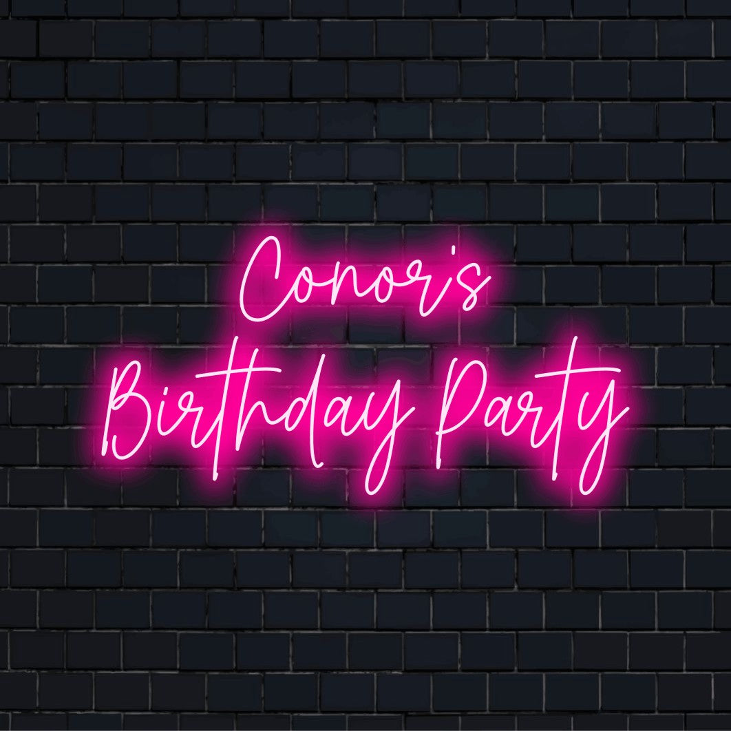 Conor_s Birthday Party Custom Name Neon Sign, bright neon glow against black brick wall