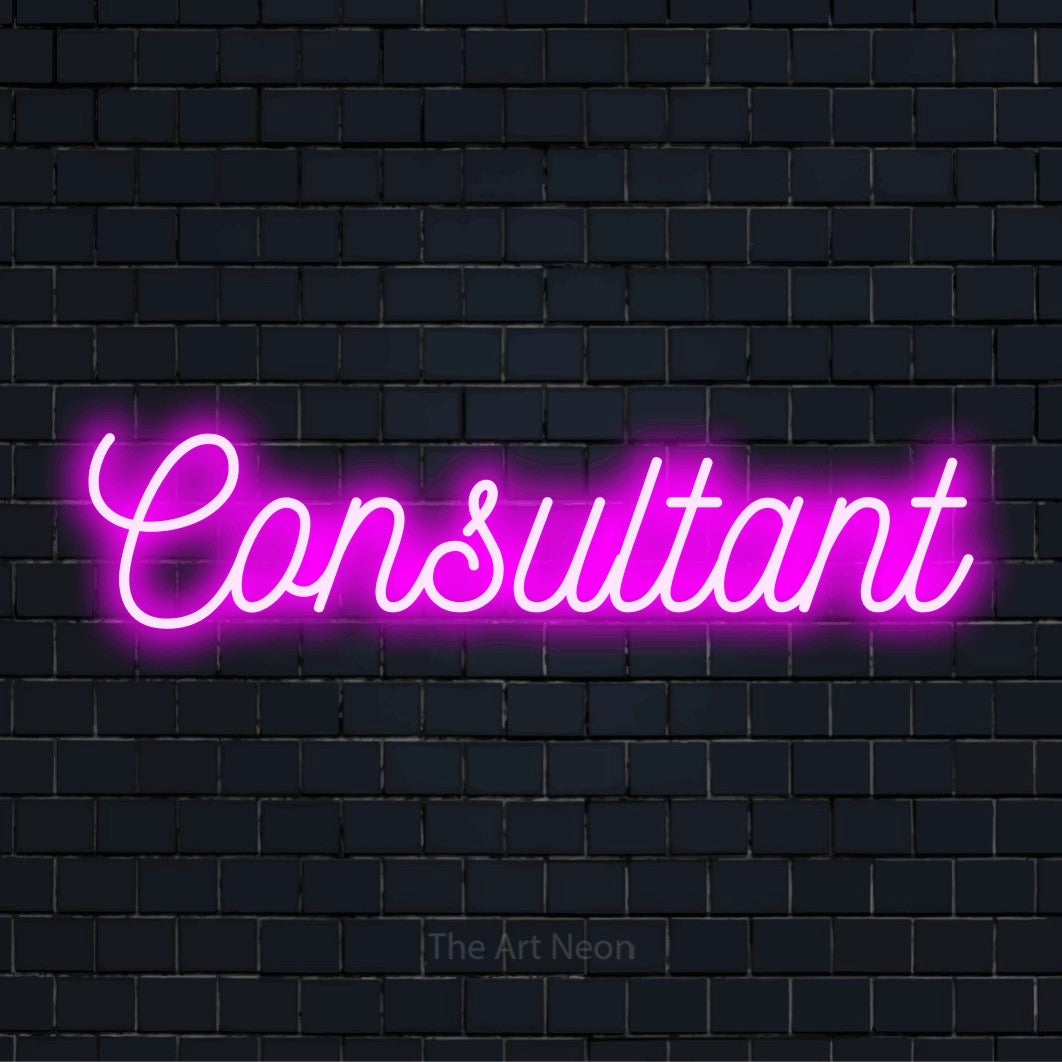 "Consultant" glowing LED neon sign on a black brick wall