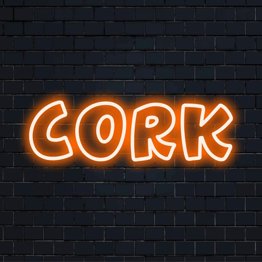 Cork LED Neon Sign, glowing wall decor on black brick background