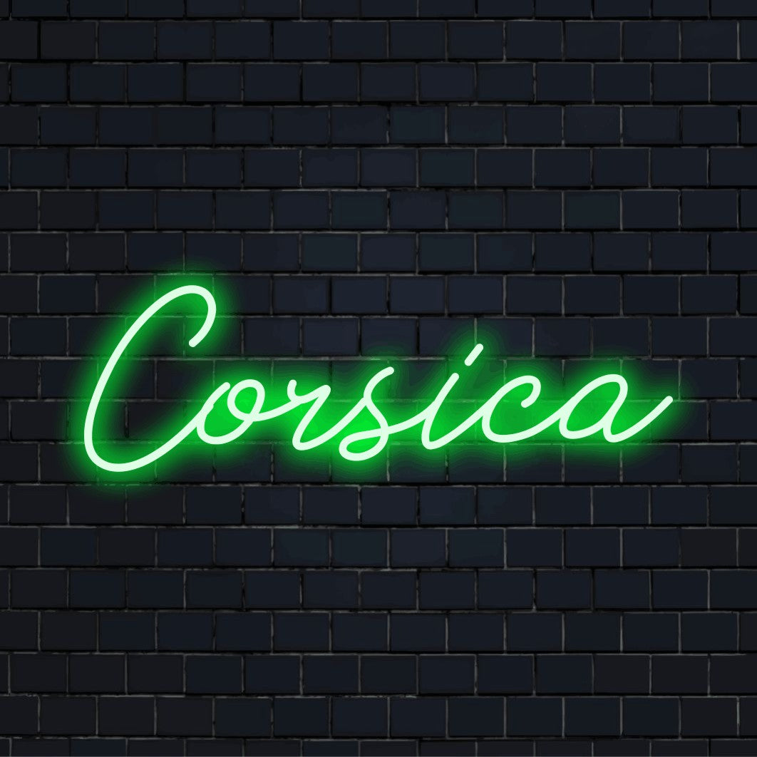 Corsica Neon Sign, bright neon glow on black brick background