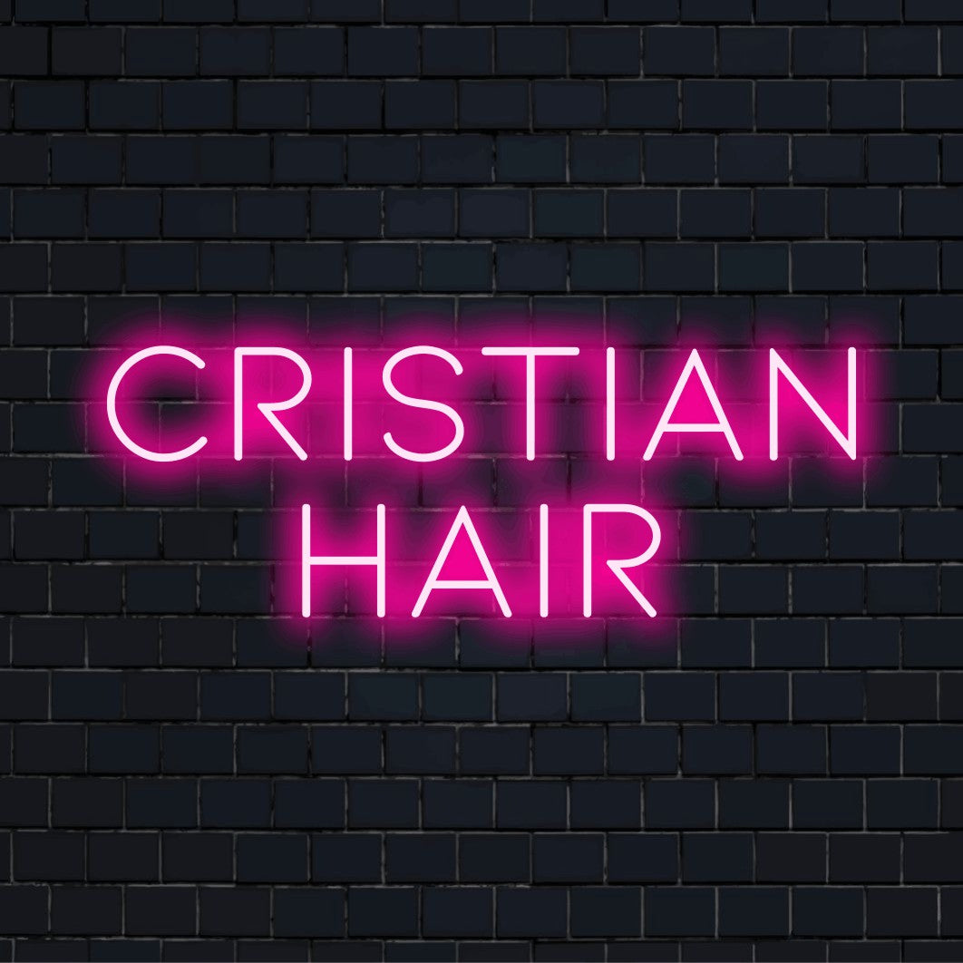 Cristian Hair Personalized LED Neon Sign, bright neon glow against brick backdrop