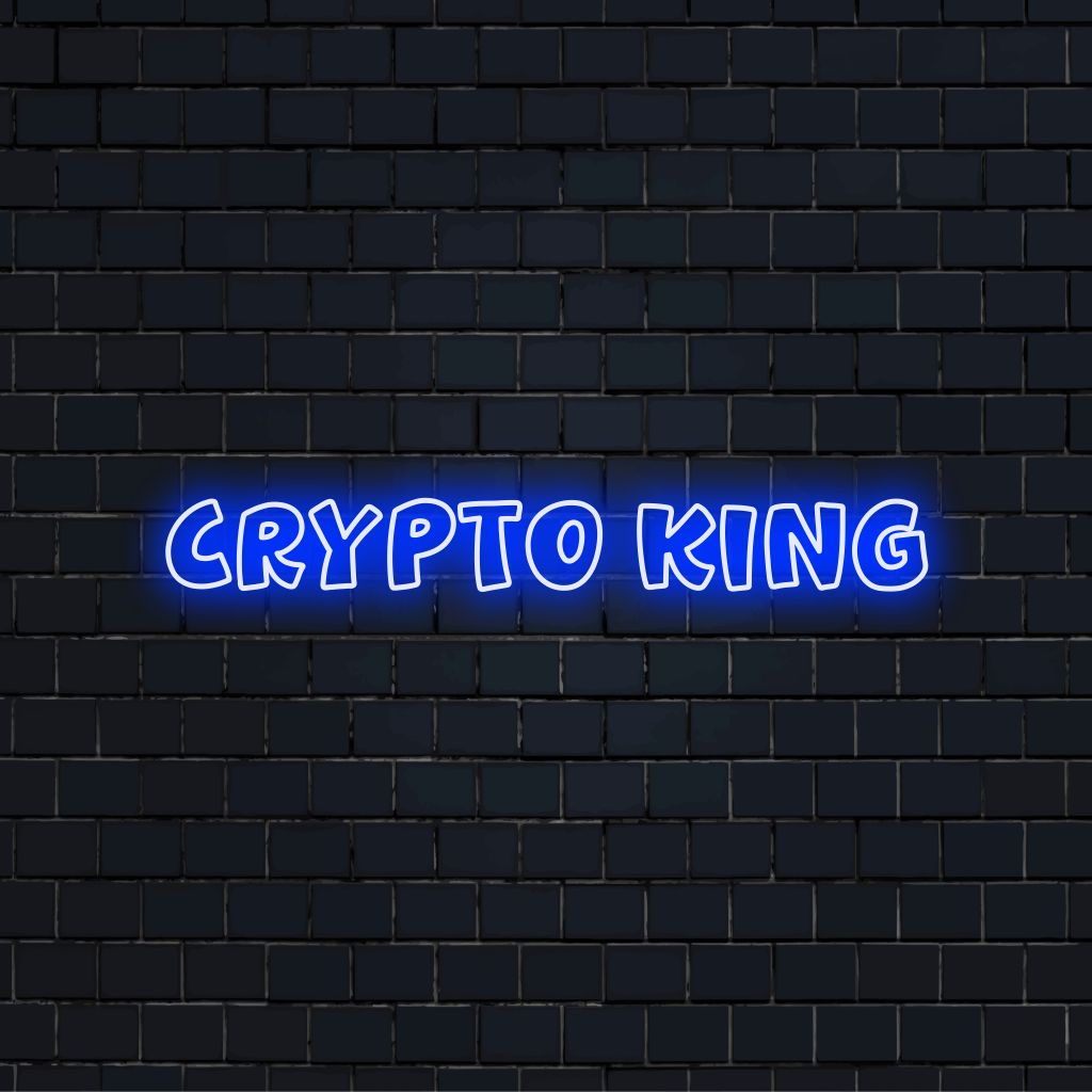 Crypto King Neon Sign, glowing wall decor on black brick background