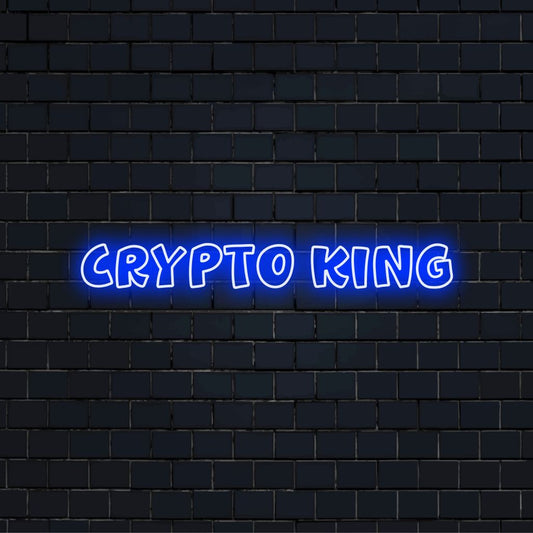 Crypto King Neon Sign, glowing wall decor on black brick background
