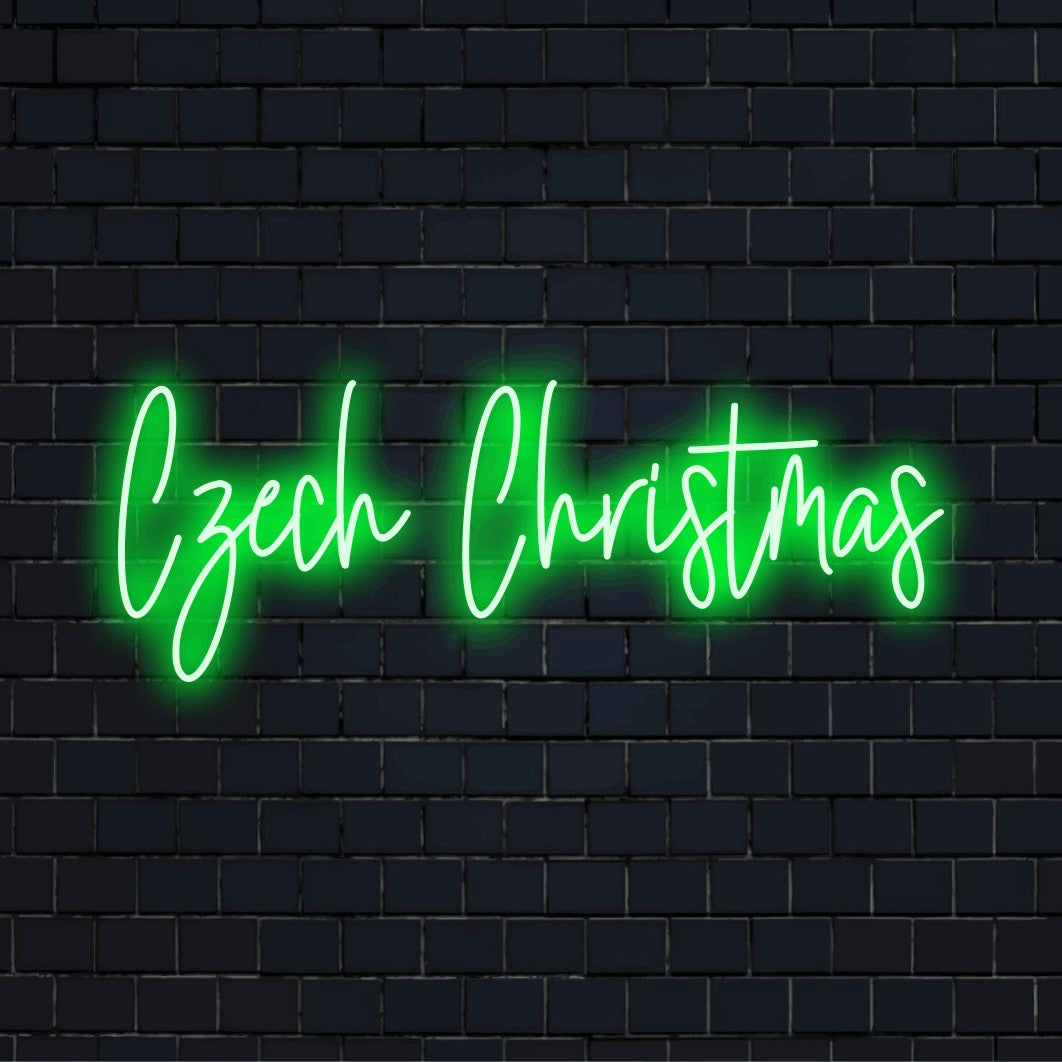 Czech Christmas LED Neon Sign, bright LED glow against brick backdrop