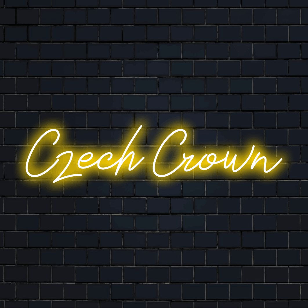 Czech Crown Neon Light with soft neon glow on black brick background