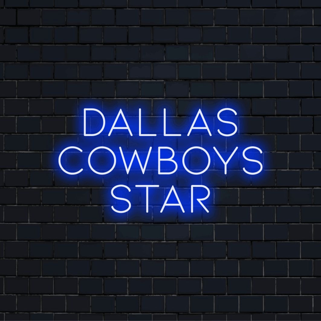 Dallas Cowboys Star Neon Sign, glowing lettering against black brick wall