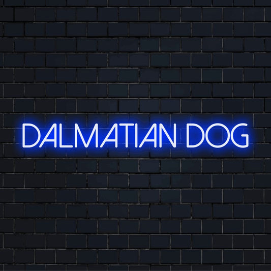 Dalmatian Dog Neon Sign, soft neon glow on black brick background