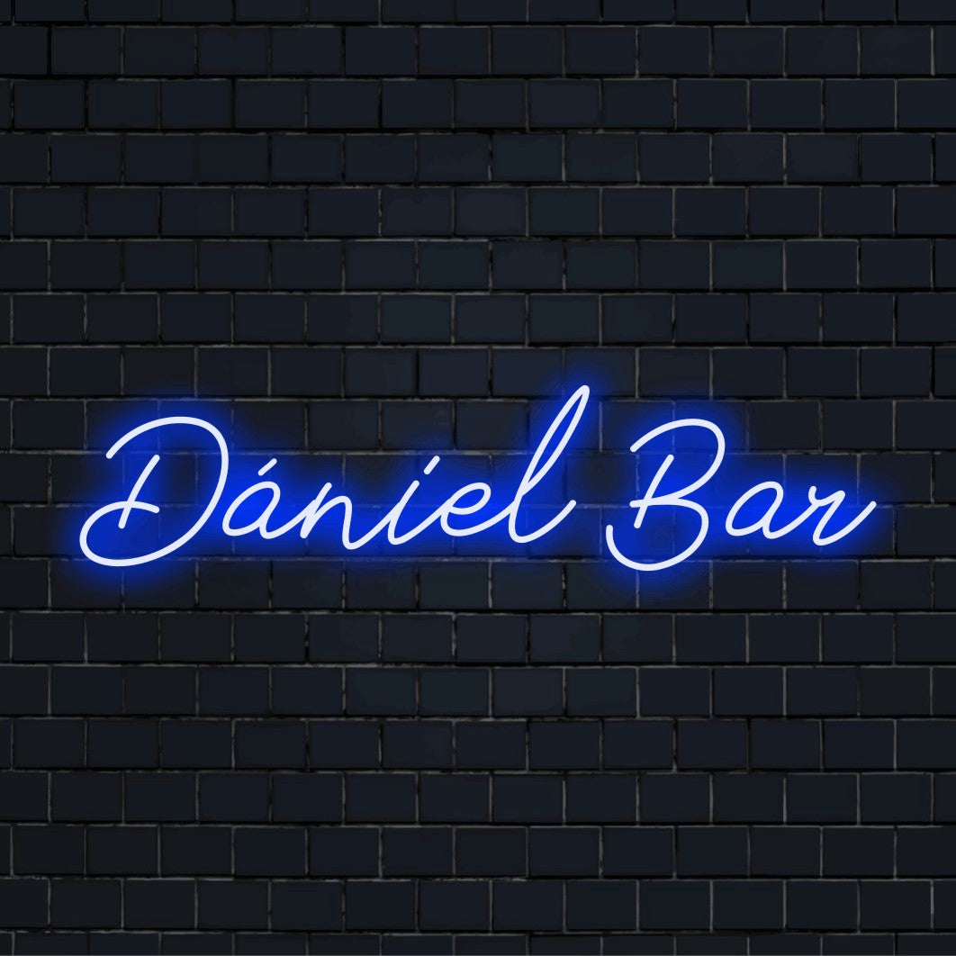 Daniel Bar Personalized LED Neon Sign, glowing lettering against brick backdrop