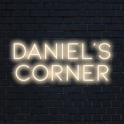 Daniel_s Corner Personalized LED Neon Sign, soft neon glow on dark brick background