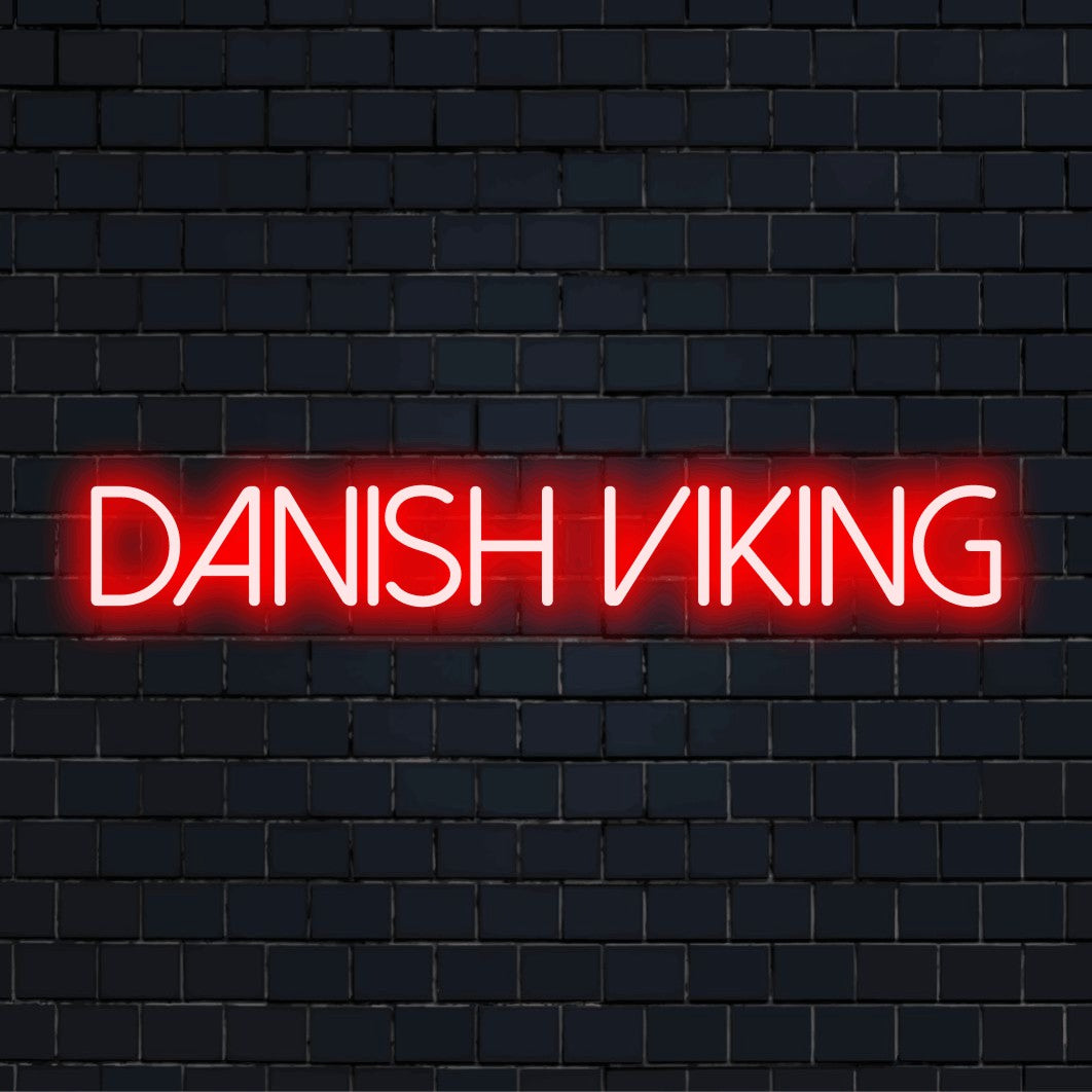 Danish Viking Neon Light with soft neon glow on dark brick background