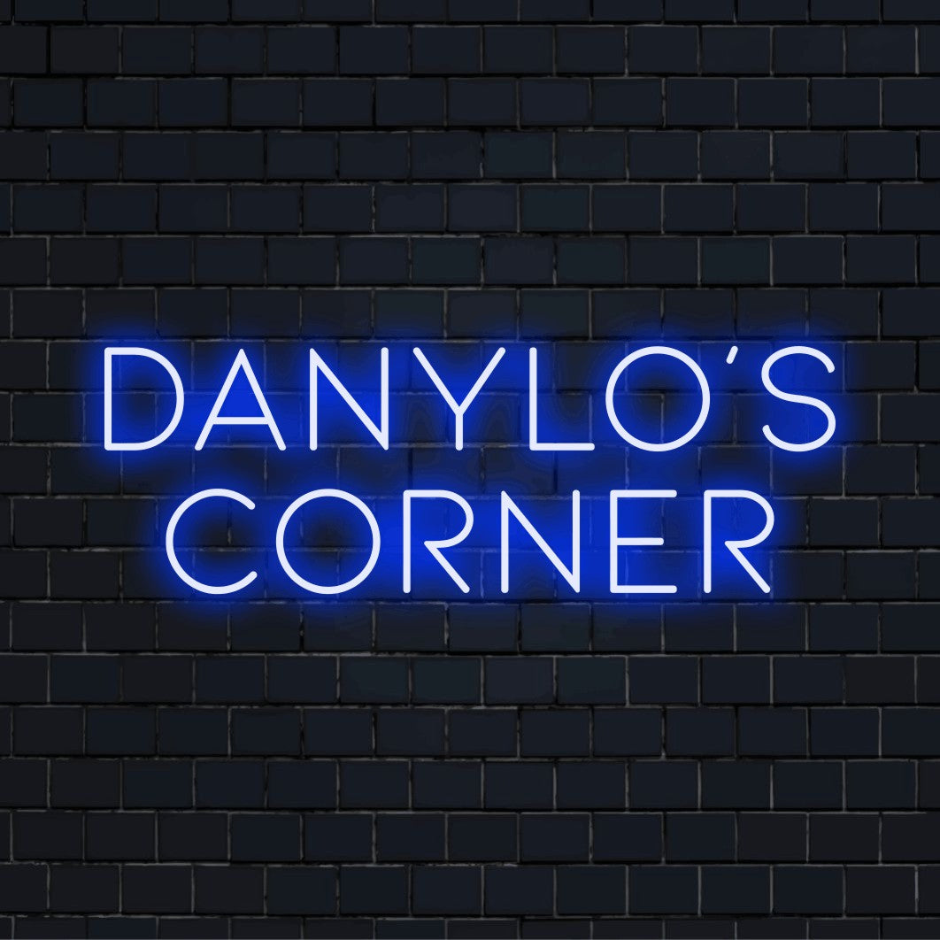 Danylo_s Corner Personalized LED Neon Sign, glowing wall decor on black brick background