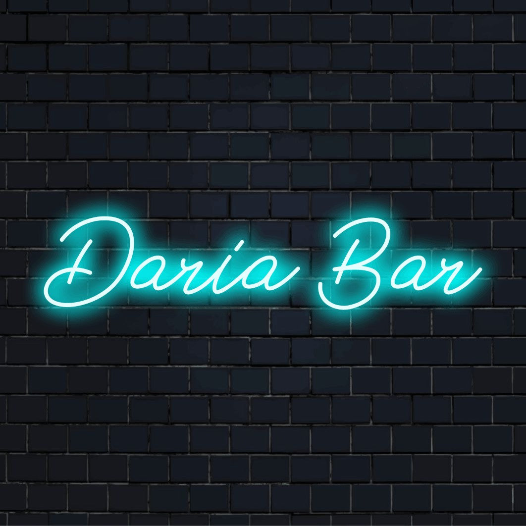 Daria Bar Personalized LED Neon Sign, neon text light on dark brick background