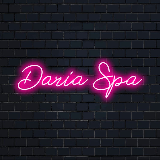 Daria Spa Personalized LED Neon Sign, soft neon glow against brick backdrop