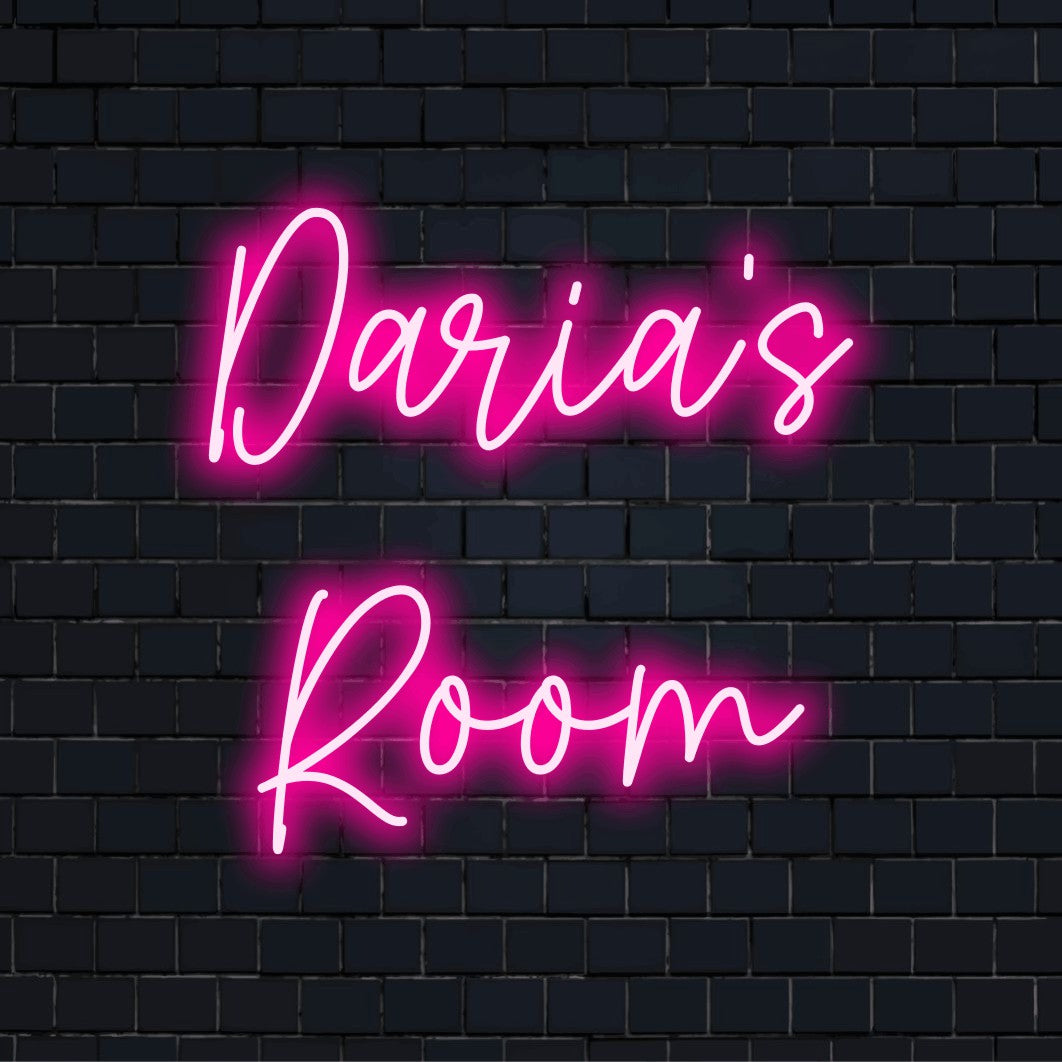 Daria_s Room Personalized LED Neon Sign, glowing wall decor against black brick wall