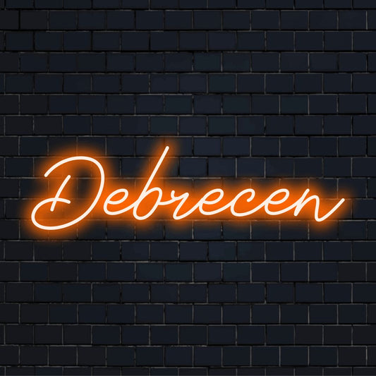 Debrecen Neon Light with glowing neon text on black brick background