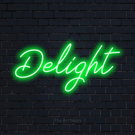 "Delight" LED neon sign on a black brick wall