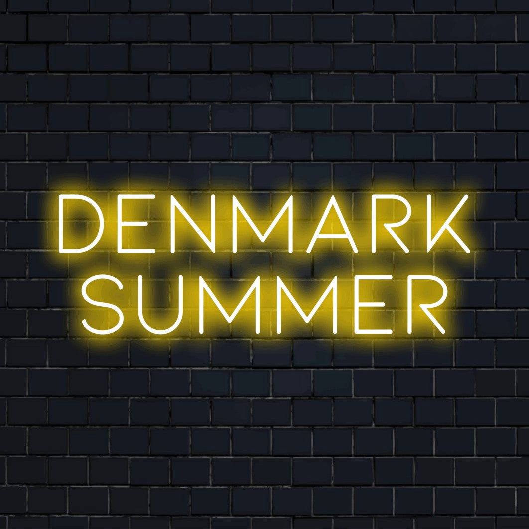 Denmark Summer LED Neon Sign, bright LED glow on black brick background