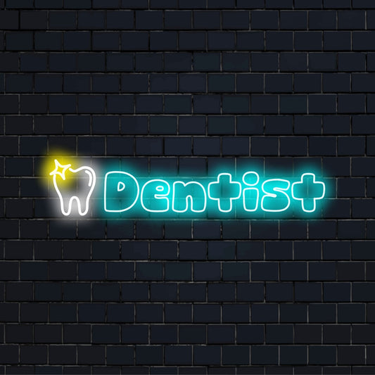 Dentist Plus Neon Sign, bright LED glow against brick backdrop