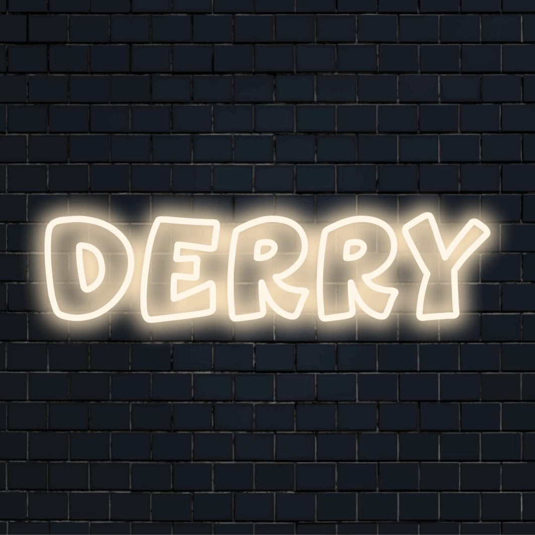 Derry Neon Sign, soft neon glow on dark brick background