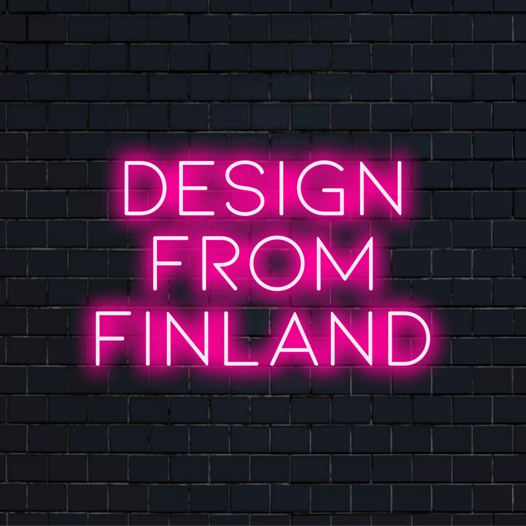 Design From Finland Neon Light with bright neon glow on dark brick background