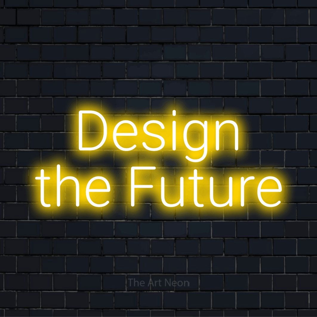 "Design The Future" text design with neon effect on a black brick wall