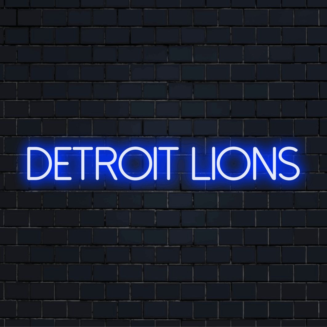 Detroit Lions Neon Light with glowing lettering on dark brick background