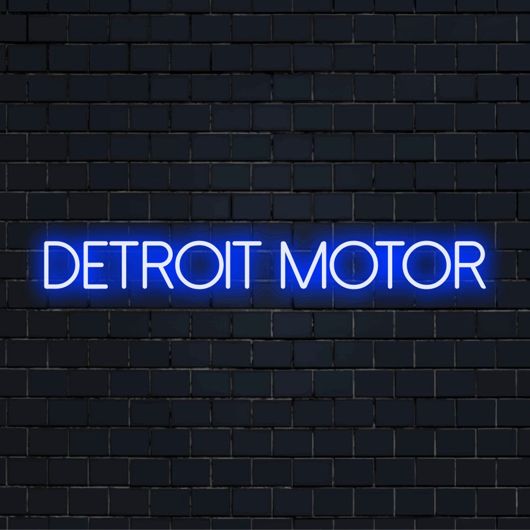 Detroit Motor LED Neon Sign, neon text light on dark brick wall