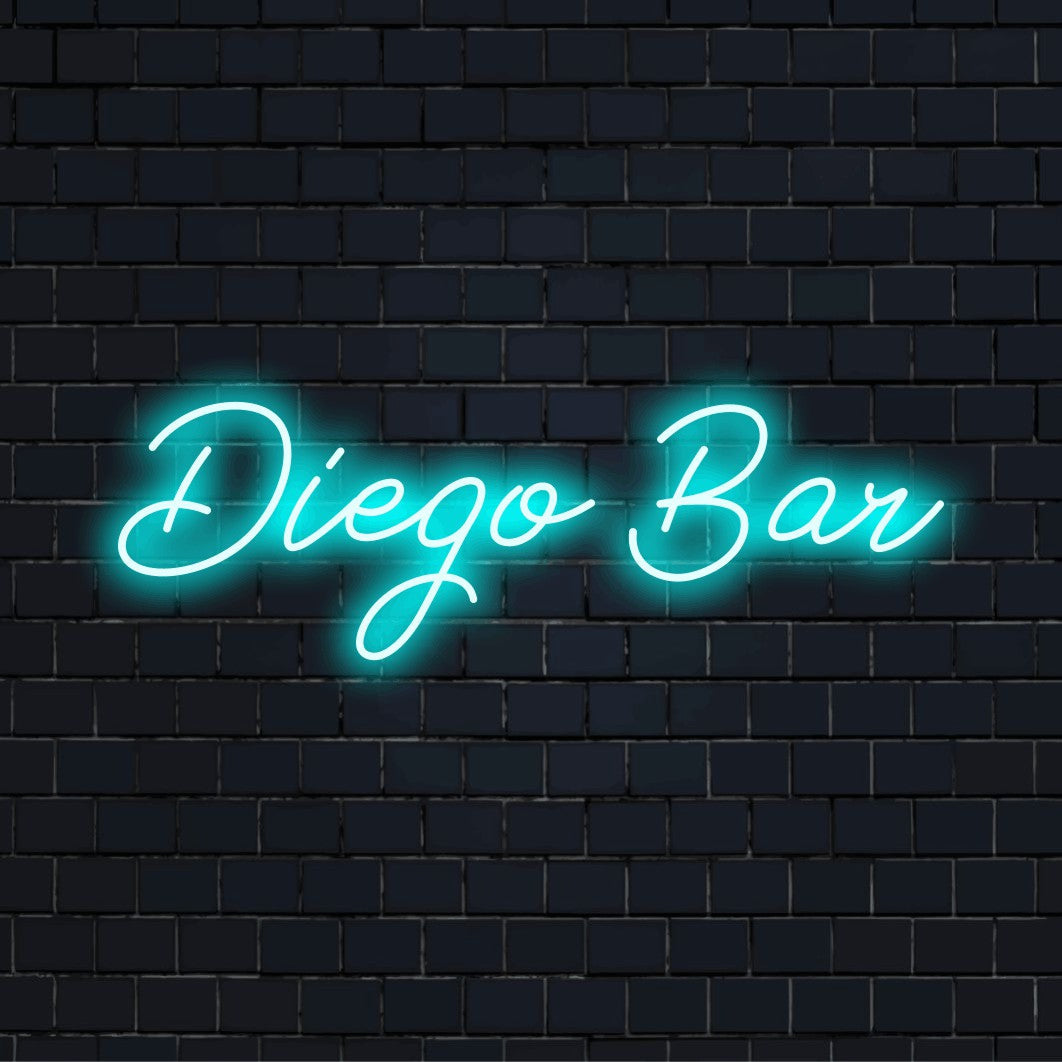 Diego Bar Personalized LED Neon Sign, glowing neon text on black brick background