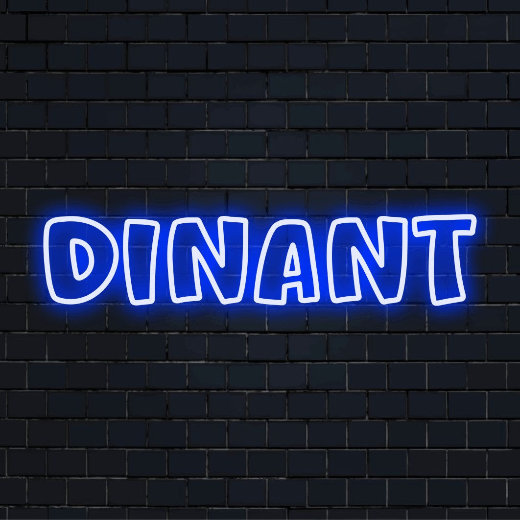 Dinant Neon Sign, glowing wall decor on black brick background