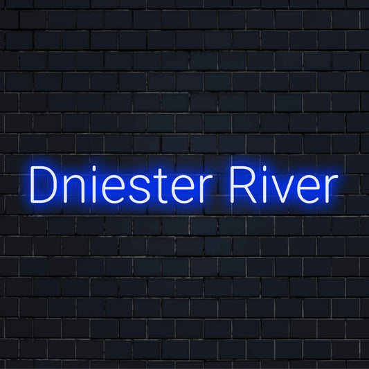 Dniester River Neon Sign, bright neon glow against black brick wall