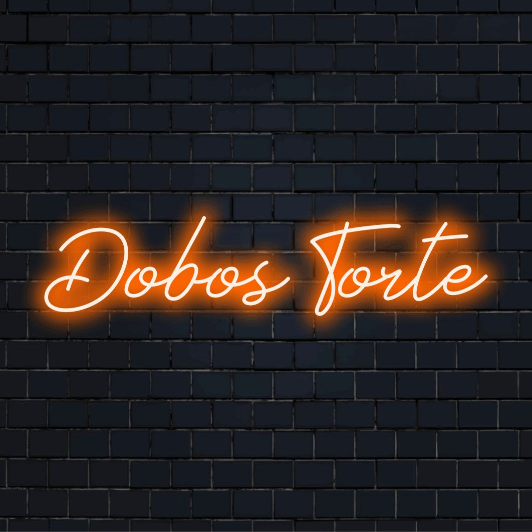 Dobos Torte Neon Sign, bright LED glow on dark brick wall