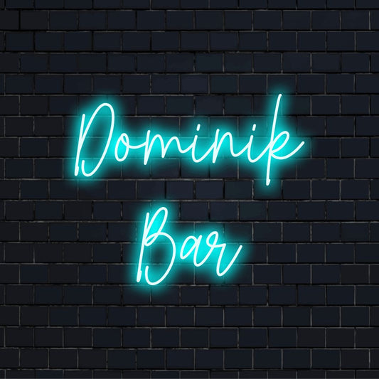 Dominik Bar Custom Name Neon Sign, neon text light on black brick background