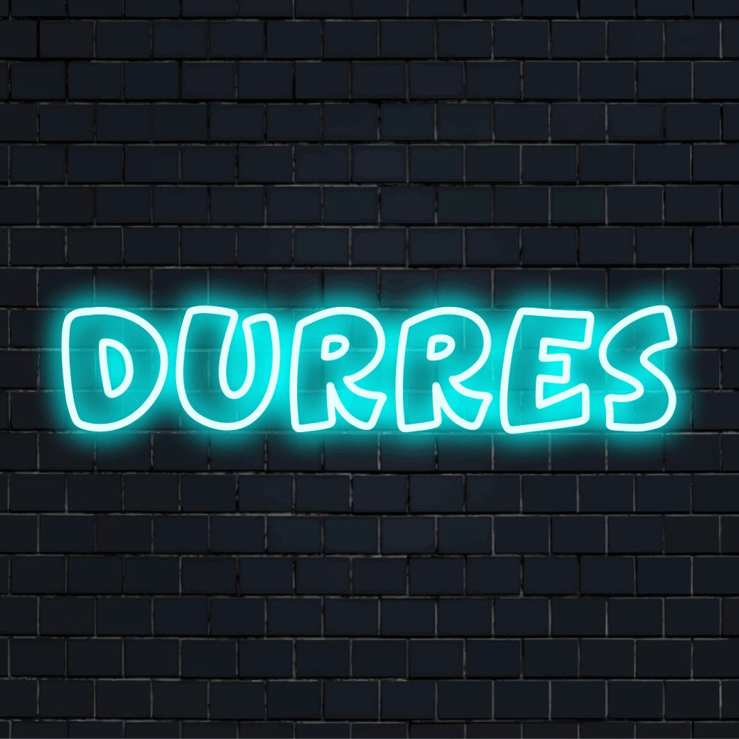 Durres Neon Light with neon text light on black brick background